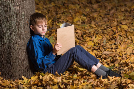 Boy in autumn forest with book. Child fell asleep in woods with book in hand.