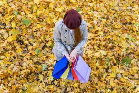 Young woman in beret in hands in autumn Park. Retro style. Top view