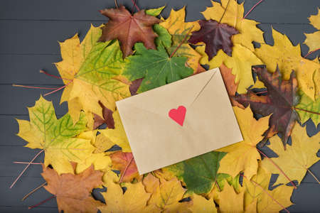 Yellow leaves and craft envelope on a gray wood background. Envelope with heartの写真素材