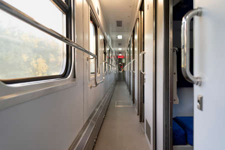 Empty train carriage. Coupe. Railroad travel. Train travel rules.