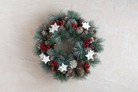 Christmas wreath on white background. Winter Holiday pattern. New Year.の写真素材