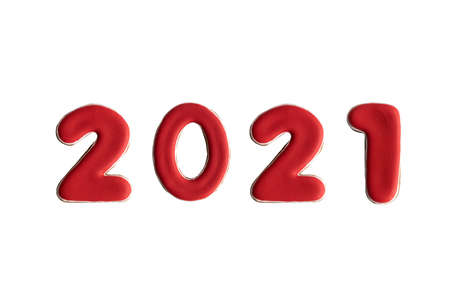 Inscription in red numbers 2021 isolated on white background. Happy New Year 2021.の写真素材