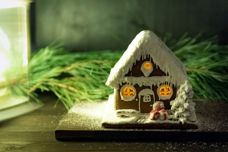 Gingerbread house on spruce branch background. Winter Holiday pattern. Merry Christmas and Happy New Year.の写真素材