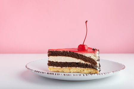 Piece of chocolate vanilla cake with maraschino cherry. Side view cake on white plate on pink backgroundの写真素材