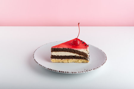 Delicious cake with cherries on white plate on pink background.の写真素材