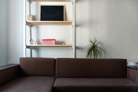 Living room in light colors. Brown sofa and wooden shelf
