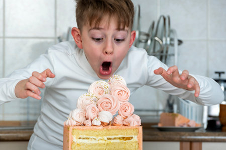 Boy looks at big beautiful cake in surprise and admiration. Child wants to eat the whole cake.の写真素材