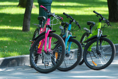 Three bicycles on park background. Children's bicycles in bright colorsの写真素材
