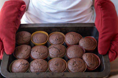 Chef is holding tray of chocolate muffins. Process of making cupcakesの写真素材