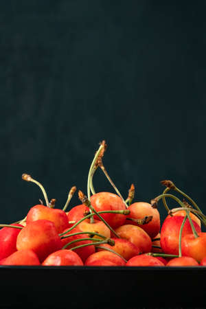 Yellow-red cherries on platter on black background. Ripe juicy cherries. Seasonal berries. Vertical frame.の写真素材