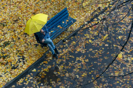 Top view. Man sits on bench in the yard under yellow umbrella, surrounded by fallen leavesの写真素材
