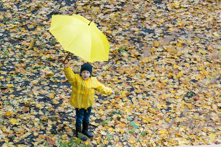 Child raised the umbrella over his head. Portrait of child in the autumn park. Top view.の写真素材
