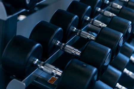 Black dumbbells in the gym. Sports equipment. Lots of metal dumbbells on the counter in the sports fitness centerの写真素材