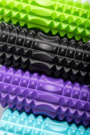 Ribbed surface of massage rollers. Close up. Equipment for myofascial release. MFRの写真素材