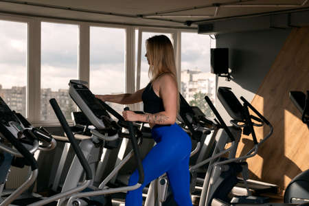 Young slender woman with beautiful figure is engaged in the gym on an elliptical trainer. cardio...