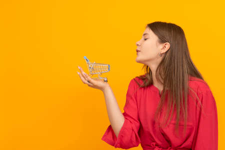 Beautiful young girl in red blouse holds grocery cart in palm of hand on bright orange background....