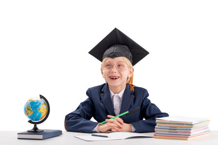 Boy in school uniform and students hat sits at desk and laughs on white background. Education in university college abroadの写真素材
