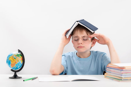 Exhausted boy with closed eyes and holds open book on his head. Distance learning education.Learning difficulties.の写真素材