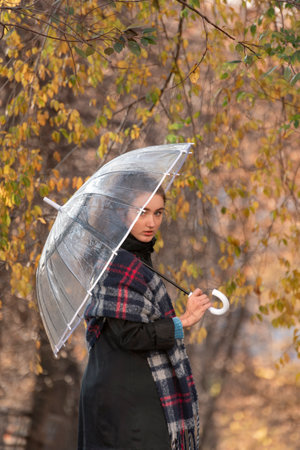 Mysterious girl in plaid shawl peeks out from under transparent umbrella. Portrait of a young woman...