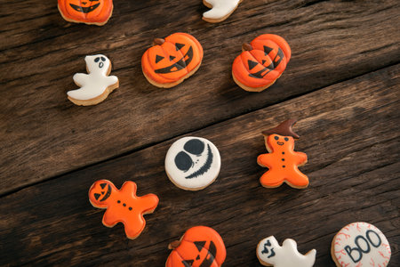 Halloween Ginger cookies in the form of a pumpkin and ghosts on wooden table. Smiling cookie. top viewの写真素材