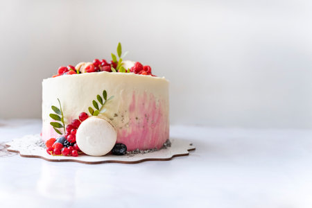 Summer fruit cake with decoration of berries and macaroon. Holiday or birthday pastry. Dessert with...