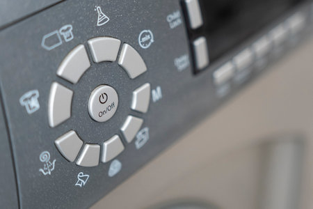 washing machine close up. Washing modes in the washing machine. Washing machine switch with interfaceの写真素材