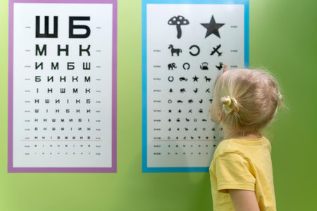 Little girl at appointment with optometrist near poster to check her eyesight. Pediatric optometrist for prescooler.の写真素材