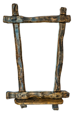 Irregularly shaped wooden frame made of rough-hewn wood is isolated on white backgroundの写真素材