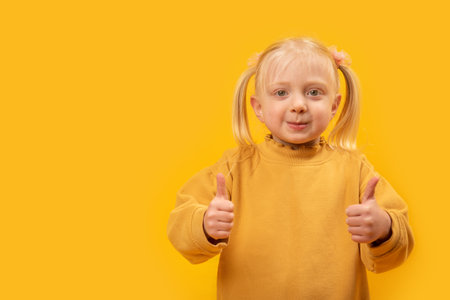 Round-faced caucasian fair-haired girl with two ponytails in yellow sweatshirt shows two fingers up like gesture. yellow background. copy spaceの写真素材