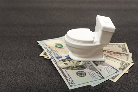 Small toy white toilet bowl stands on cash dollars money. Buying replacement or repair of plumbing...