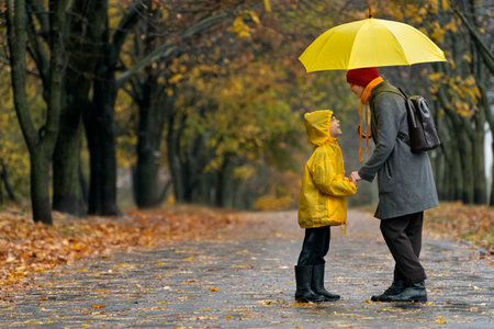 Mom and son are walking in the autumn park in the rain with large yellow umbrella. Rainy day back view.の写真素材