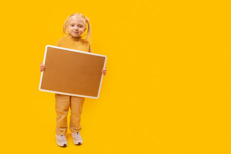 Full length portrait of happy little girl with empty cork board on yellow background. Copy space, mock up.の写真素材
