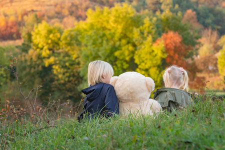 Siblings on autumn day. Blond brother and sister sit in clearing with large teddy bear. back viewの写真素材