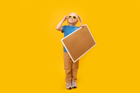 Little blonde girl with two ponytails wears sunglasses and holds cork board. Portrait of child with blank board on yellow backgroundの写真素材