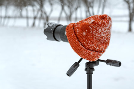 Camera on tripod outside in winter. Red knitted hat in the snow is worn to camera. Winter photographyの写真素材