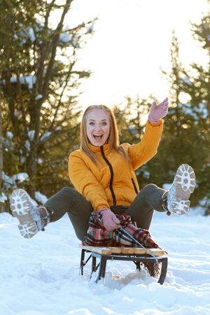 Girl sledding in winter forest. Young red-haired woman has fun in snowy woods and laughs. Vertical...