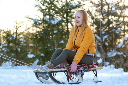 Young woman sitting on a sledge in the forest. Winter holidaysの写真素材