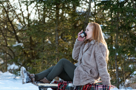 Girl sits on sleigh and drinks hot tea from a flask. Portrait of young woman in pine forest in...