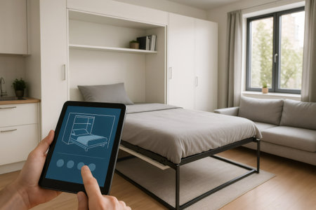 Hands manipulating a tablet for controlling smart retractable furniture in a contemporary apartment, enhancing convenience and modern livingの素材