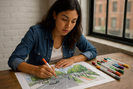 Female architect drawing a colorful urban design sketch with a marker pen, sitting at a wooden table near a windowの素材