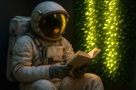 Astronaut is immersed in a book, finding solace near vibrant, glowing plants in the vastness of spaceの素材