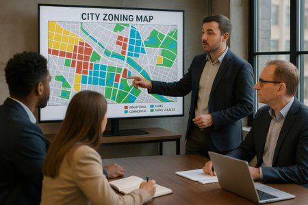 Urban planner pointing at a city zoning map on a digital whiteboard during a presentation to colleagues in a meeting roomの素材