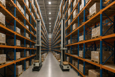 Automated lifts handling cardboard boxes on shelves inside a large illuminated warehouse, symbolizing modern logistics and distribution efficiencyの素材