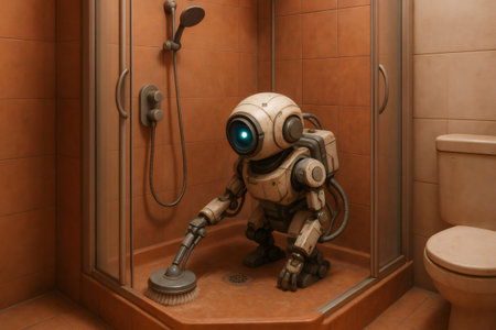 Little robot scrubbing the shower floor with a brush in a bathroom adorned with vibrant orange tiles, showcasing advanced cleaning technologyの素材
