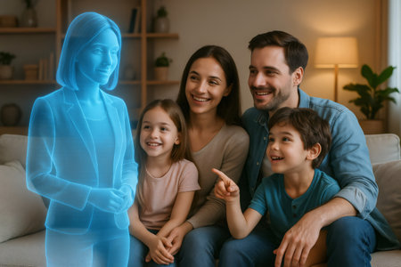 Family enjoying holographic technology, interacting with a virtual assistant in their living roomの素材