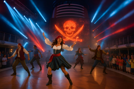 Cruise ship actors in pirate costumes performing a vibrant show on stage under colorful lights, entertaining a cheerful audienceの素材