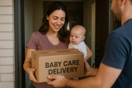 Happy mother holding her baby and receiving a cardboard box from a delivery man, concept of baby care products deliveryの素材