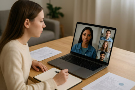 Young woman taking notes while attending a virtual meeting with her colleagues, working remotely from homeの素材