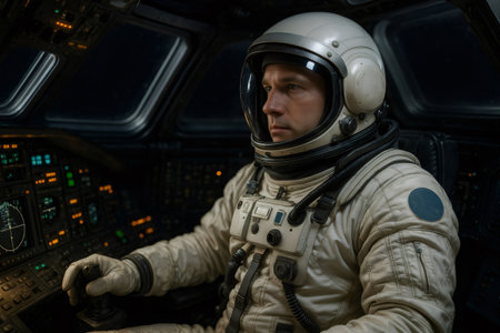 Male astronaut piloting a futuristic spaceship through the vast expanse of the cosmos, navigating stars and galaxies on a daring missionの素材