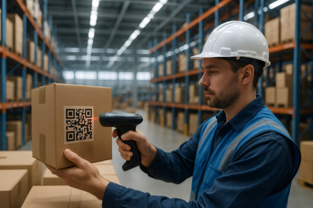 Warehouse worker wearing safety helmet scanning qr code on cardboard box with scanner in large distribution warehouseの素材
